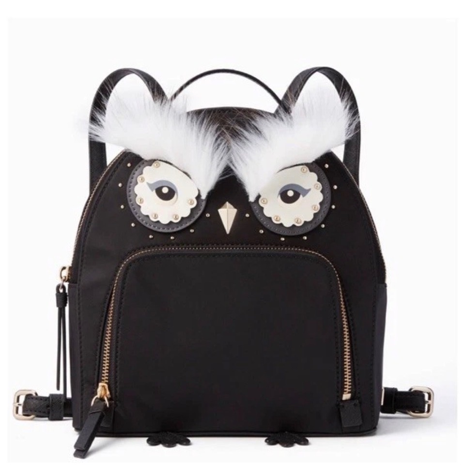 Kate Spade Owl Mini Backpack Novelty Black Nylon Faux Fur Whimsical Animal Bag